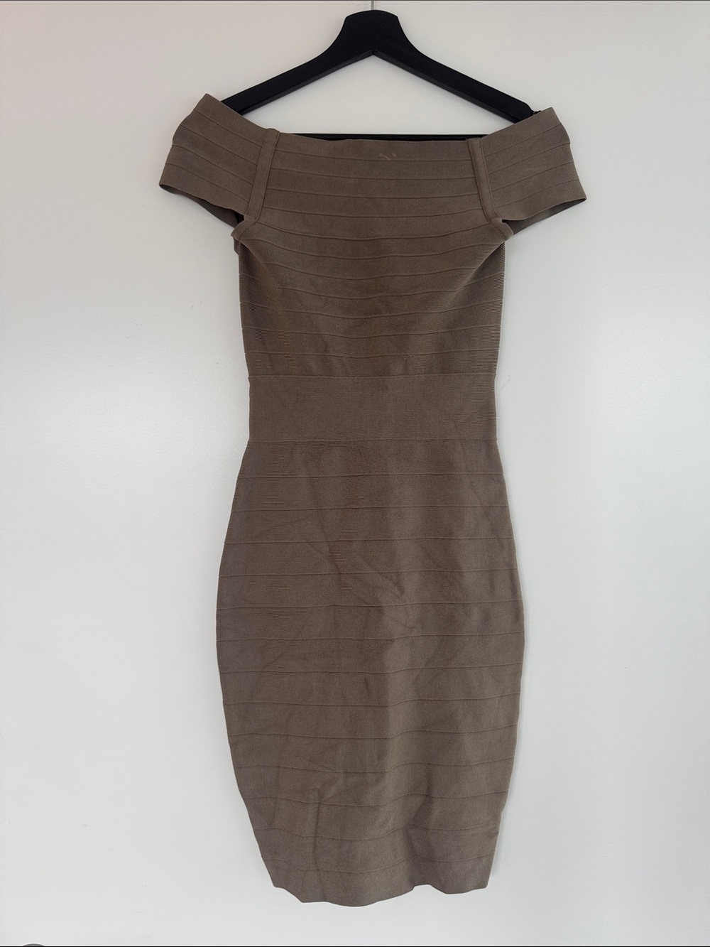 Off-Shoulder Marciano Bodycon Bandage Dress in Taupe